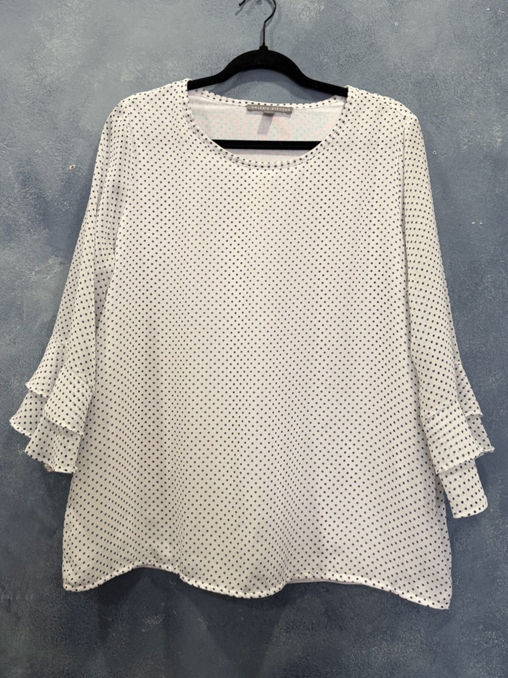 Valerie Stevens White Blouse with Navy Blue Polka Dots & Ruffle Sleeves L